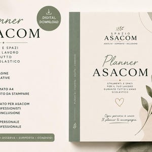 Può includere: Un'agenda digitale intitolata Planner ASACOM con copertina color crema, illustrazioni di foglie verdi, un'icona a forma di cuore e testo in italiano. Il layout include una barra laterale e descrizioni degli strumenti per l'anno scolastico.