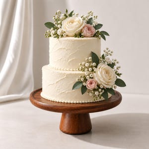 May include: A two-tier white frosted cake on a round wooden pedestal stand. The cake is decorated with white roses, small pink flowers, green leaves, and baby's breath sprigs arranged on the top and the side of the bottom tier.