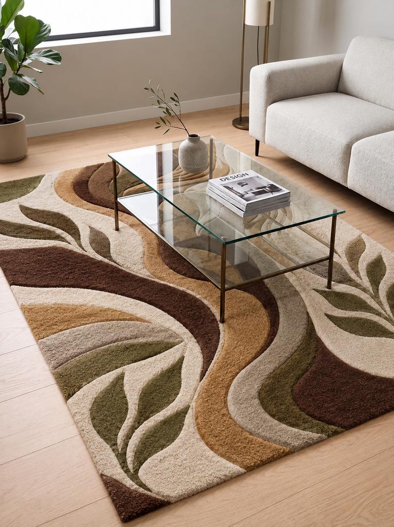 Abstract Swirl Wool Rug, Hand Tufted New Zealand Wool Area Rug, Earth ...