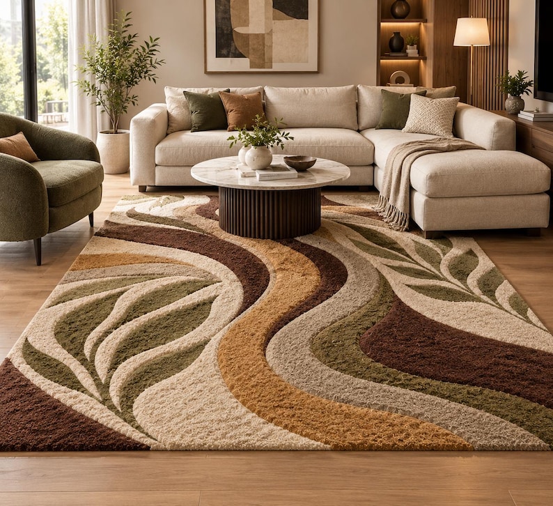 Abstract Swirl Wool Rug, Hand Tufted New Zealand Wool Area Rug, Earth ...