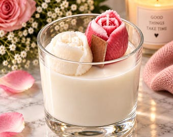 Handmade Rose Candle – Pink & White Floral Candle, Romantic Home Decor, Valentine’s Day Gift, Unique Gift for Her