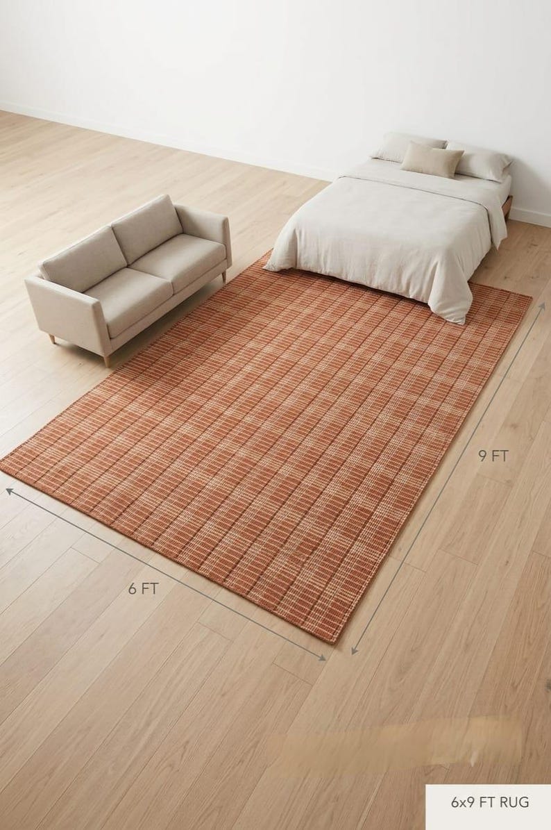 Terracott Quilt Pattern Handwoven Durries Plaid Rug, Rust Brown Terracotta Checkered Area Rug ...