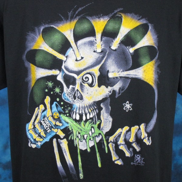 Vintage jaren '80 GIFTIG AFVAL Skelet Cartoon Papier Dun T-shirt *Klein* *Medium* biker schedel punk bier zombie goth rock skate zacht concert NOS