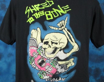 Vintage 80s SKATE SKELETON Shred to the Bone Cartoon T-shirt