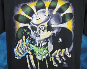 Vintage 80s TOXIC WASTE Skeleton Cartoon Paper Thin T-Shirt *Small* *Medium* biker skull punk beer zombie goth rock skate soft concert NOS