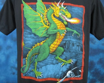 Vintage 80er JAHRE FEUER Atmender DRACHE Cartoon Papier Dünnes T-Shirt *SMALL* Fantasy Castle Mittelalter Biker Biker Goth Rock Punk Nos