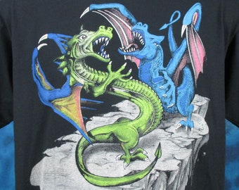 Vintage 80s DRAGON BATTLE CARTOON Paper Thin T-Shirt *Small* dungeons fantasy medieval renaissance Nos deadstock
