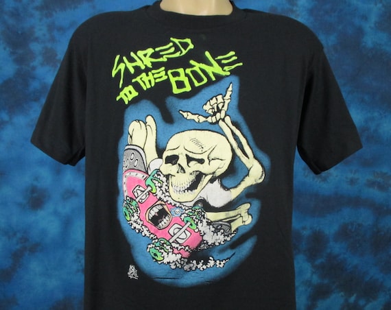 Vintage 80s SKATE SKELETON Shred to the Bone Cartoon T-shirt