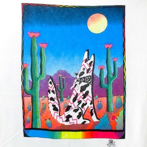 Piccolo*** Vintage anni '80 LUPO Urlante DESERT Sunset Cartoon T-shirt luna nativa americana morbida e sottile n