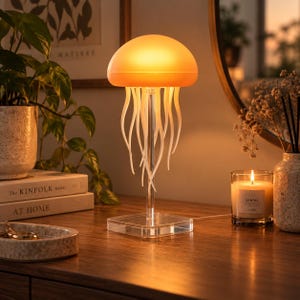 Puede incluir: Una lámpara de mesa con forma de medusa, con una cúpula naranja brillante y tentáculos blancos translúcidos. La lámpara cuenta con un soporte central de acrílico transparente y una base cuadrada, emitiendo una luz cálida y suave.