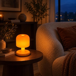May include: A mushroom-shaped table lamp with a smooth, glossy orange finish. The lamp features a rounded, dome-like shade that emits a warm, soft glow, supported by a cylindrical stem and a circular base, creating a uniform, vibrant orange appearance.
