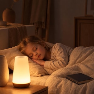Può includere: Una lampada da tavolo conica con paralume bianco satinato e base in legno, che emette una luce calda e soffusa. La lampada presenta una silhouette liscia e affusolata e poggia su una superficie piana, offrendo un'illuminazione d'ambiente.