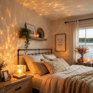Pode incluir: Uma lâmpada de vidro texturizado de formato quadrado repousa sobre uma mesa de cabeceira de madeira, projetando um padrão de luz quente e ondulante na parede. A lâmpada possui uma base clara e ilumina um quarto com cama e prateleira.