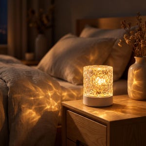 Puede incluir: Una lámpara de mesa cilíndrica con una pantalla de vidrio transparente texturizado que crea un efecto de luz ondulada. La lámpara cuenta con una base blanca sólida y emite un brillo dorado cálido, proyectando patrones complejos en las superficies.