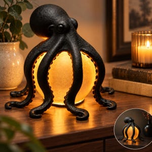 Peut inclure: Une lampe en forme de pieuvre noire avec un extérieur texturé et sombre, dotée de tentacules courbés qui entourent une source lumineuse sphérique centrale. La lampe émet une lumière chaude de couleur ambre depuis le centre de la pieuvre.
