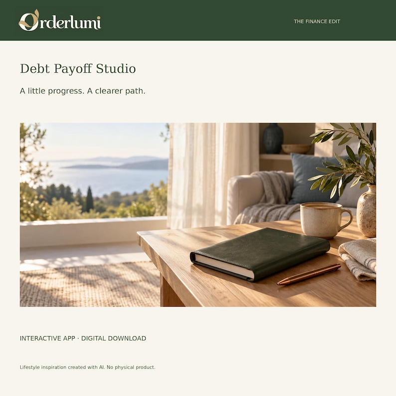 May include: A dark green notebook and a copper-colored pen rest on a wooden table. The text reads Orderlumi, The Finance Edit, Debt Payoff Studio, A little progress. A clearer path., Interactive App, Digital Download, Lifestyle inspiration created with AI. No physical product.