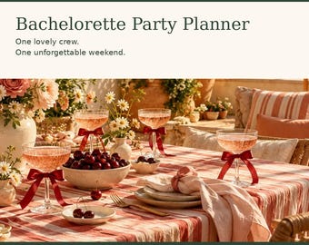 May include: A digital Bachelorette Party Planner document featuring the text Orderlumi, Plan, Gather, Enjoy, Bachelorette Party Planner, One lovely crew. One unforgettable weekend. Offline Planner App. Digital Download. Beautifully organised living.
