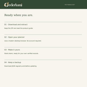 May include: A digital instruction guide titled Orderlumi The Finance Edit with the heading Ready when you are. It lists four steps: 01 Download and extract, 02 Open your planner, 03 Make it yours, and 04 Keep a backup with brief text for each.