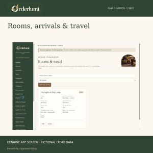 Peut inclure: Un &eacute;cran d'interface num&eacute;rique pour l'application Orderlumi intitul&eacute; Rooms, arrivals & travel. La mise en page pr&eacute;sente une barre lat&eacute;rale vert fonc&eacute; avec des liens de navigation et une zone de contenu affichant les d&eacute;tails de voyage.