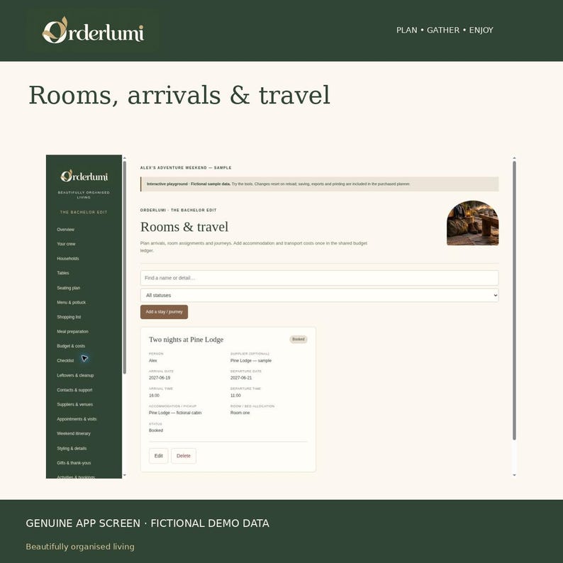 Peut inclure: Un &eacute;cran d'interface num&eacute;rique pour l'application Orderlumi intitul&eacute; Rooms, arrivals & travel. La mise en page pr&eacute;sente une barre lat&eacute;rale vert fonc&eacute; avec des liens de navigation et une zone de contenu affichant les d&eacute;tails de voyage.