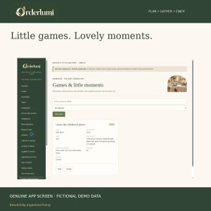 May include: A digital interface for the Orderlumi app, featuring a dark green sidebar with navigation links and a light-colored main area displaying a baby shower planning page titled Games & little moments with sample data.