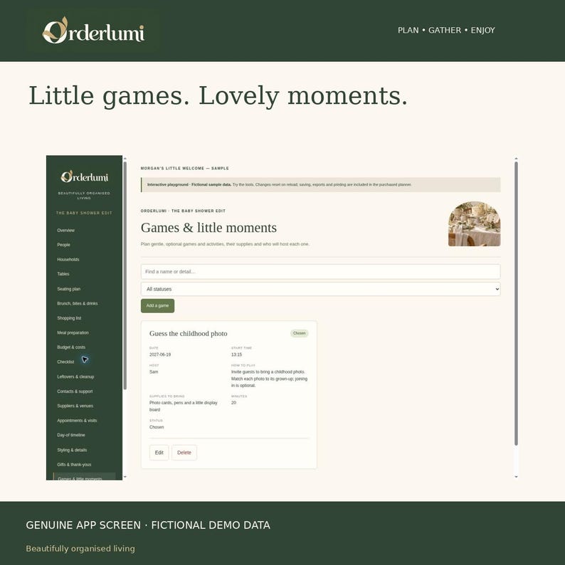 May include: A digital interface for the Orderlumi app, featuring a dark green sidebar with navigation links and a light-colored main area displaying a baby shower planning page titled Games & little moments with sample data.