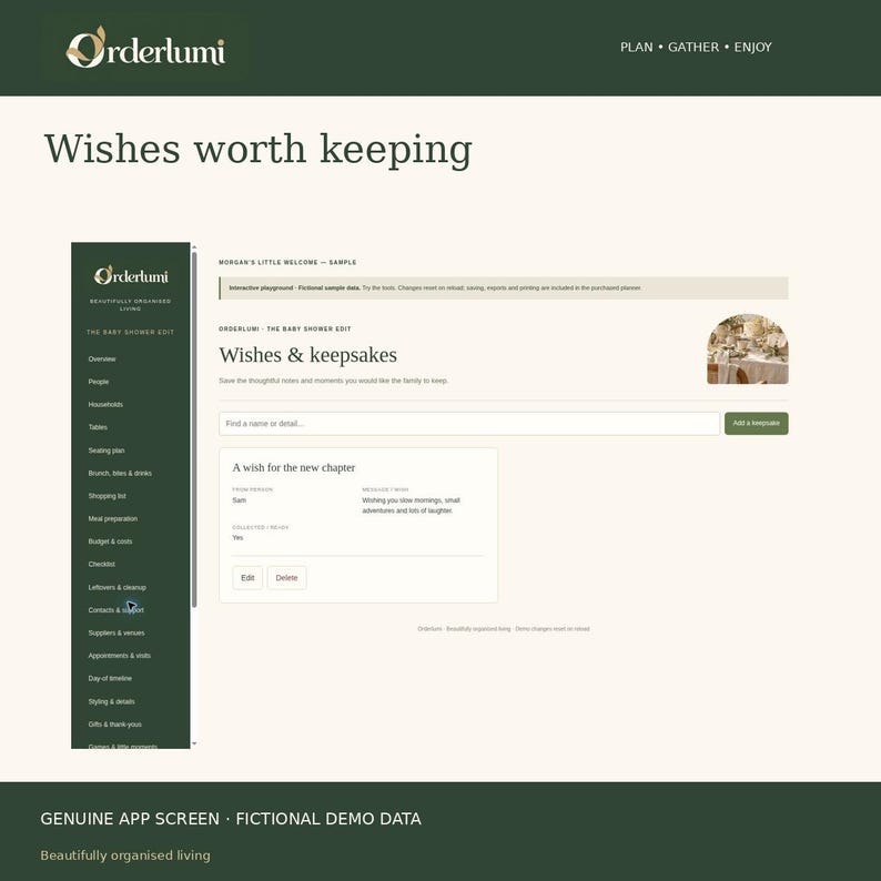 May include: A digital interface for the Orderlumi app titled Wishes worth keeping. The screen displays a sidebar with navigation options and a main section for Wishes & keepsakes, featuring a sample entry for a new chapter with text.