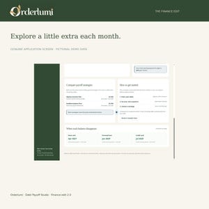 May include: A digital interface titled Orderlumi The Finance Edit featuring a debt payoff strategy dashboard. The screen displays sections for comparing payoff strategies, getting started steps, and a timeline for when each balance disappears.
