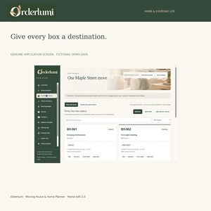 Op de afbeelding: Een digitale interface voor de Orderlumi verhuisapplicatie weergegeven op een scherm. De lay-out bevat een donkergroene zijbalk met navigatiepictogrammen en een hoofddashboard met inventarisgegevens voor de dozen BX-001 en BX-002.