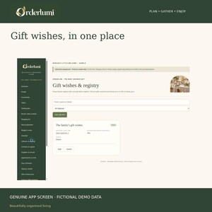 May include: A digital interface for the Orderlumi app showing a gift wishes and registry dashboard. The screen features a dark green sidebar menu, a main content area with input fields, and the text Gift wishes, in one place.