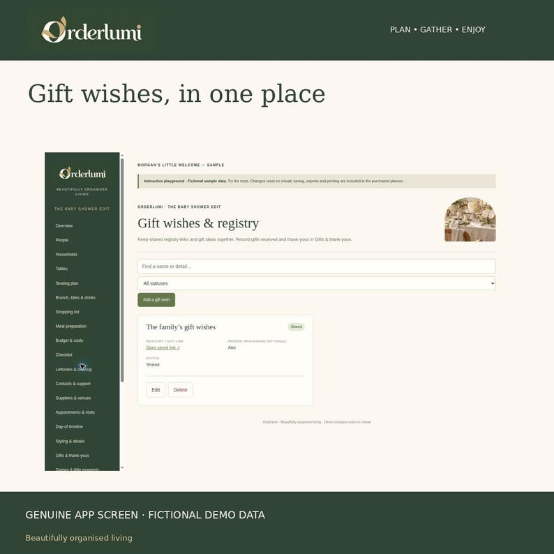 May include: A digital interface for the Orderlumi app showing a gift wishes and registry dashboard. The screen features a dark green sidebar menu, a main content area with input fields, and the text Gift wishes, in one place.