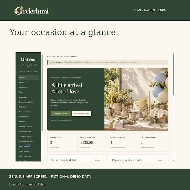 May include: A digital interface for the Orderlumi planning application titled Your occasion at a glance. The screen displays a dark green sidebar menu and a main dashboard featuring the text A little arrival. A lot of love. alongside a photo of a decorated table setting with balloons, a cake, and floral arrangements. The dashboard includes budget tracking showing &pound;135.00 remaining and event planning categories.