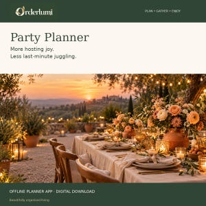 May include: A digital party planner advertisement featuring the text Orderlumi, Party Planner, More hosting joy. Less last-minute juggling, and Offline Planner App. Digital Download. The image shows an outdoor dining table set for a sunset dinner.