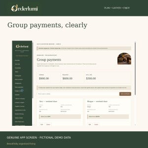 Peut inclure: Une interface num&eacute;rique pour l'application Orderlumi affichant un &eacute;cran de paiements de groupe. La mise en page comprend une barre lat&eacute;rale vert fonc&eacute; avec des liens de navigation et une zone principale affichant des donn&eacute;es financi&egrave;res.