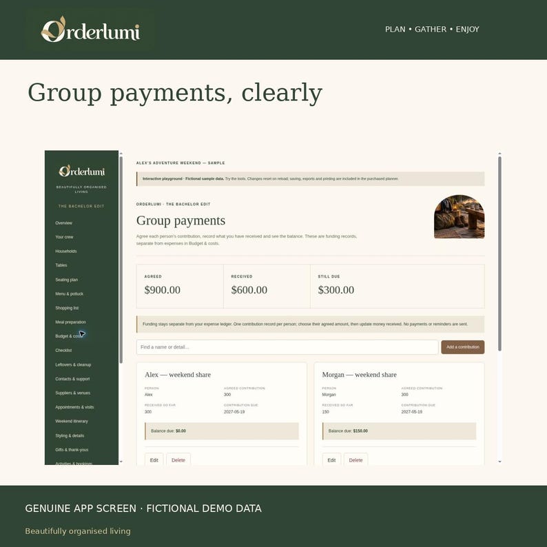 Peut inclure: Une interface num&eacute;rique pour l'application Orderlumi affichant un &eacute;cran de paiements de groupe. La mise en page comprend une barre lat&eacute;rale vert fonc&eacute; avec des liens de navigation et une zone principale affichant des donn&eacute;es financi&egrave;res.