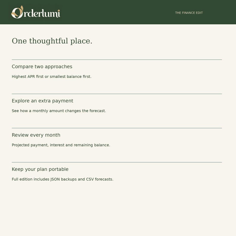 May include: A digital interface titled Orderlumi The Finance Edit featuring the text One thoughtful place. It lists four sections: Compare two approaches, Explore an extra payment, Review every month, and Keep your plan portable with descriptions for each.