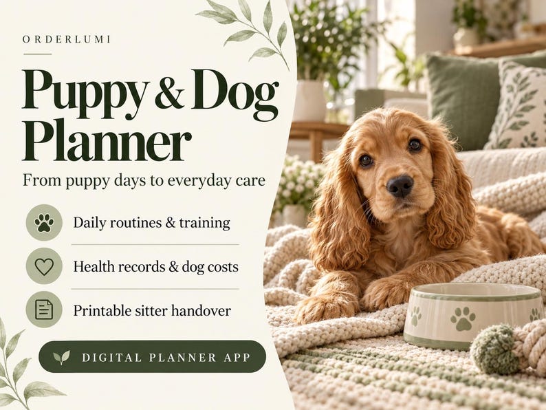 K&ouml;nnte beinhalten: Ein digitaler Planer mit dem Titel ORDERLUMI Puppy & Dog Planner mit Text zu Routinen, Training, Gesundheitsakten, Kosten und Betreuungsunterlagen. Ein goldbrauner Welpe liegt auf einer Decke neben einem Napf mit Pfotenabdruck.