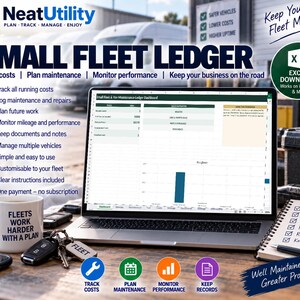 May include: A laptop displaying a Small Fleet Ledger Excel dashboard, surrounded by a white mug with text, a set of keys with a Fleet tag, and a notebook. The screen shows maintenance tracking, cost logs, and performance charts for fleet management.