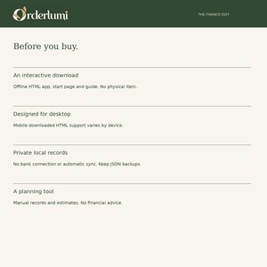 May include: A digital information sheet titled Orderlumi The Finance Edit with the heading Before you buy. It lists details about an interactive download, desktop design, private local records, and a planning tool on a cream background.