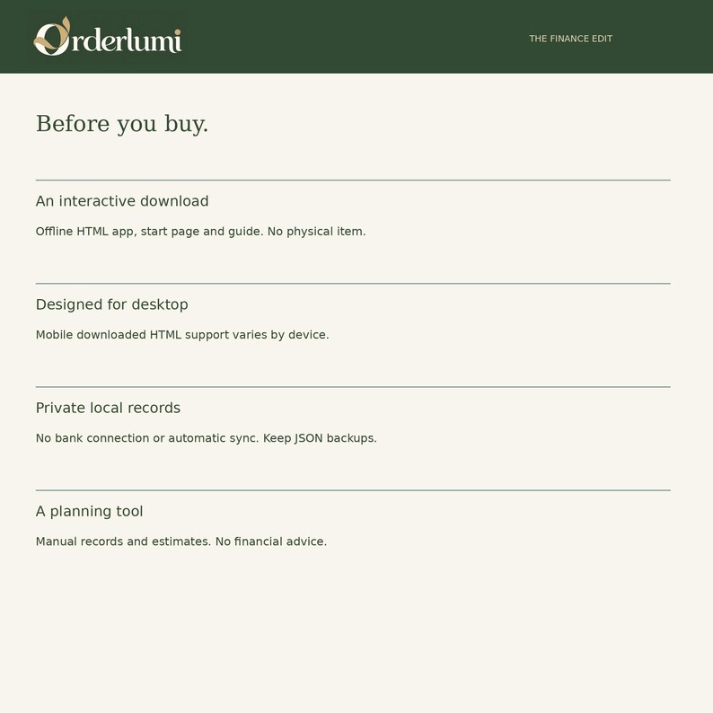 May include: A digital information sheet titled Orderlumi The Finance Edit with the heading Before you buy. It lists details about an interactive download, desktop design, private local records, and a planning tool on a cream background.