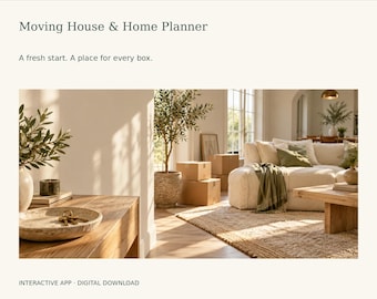 Könnte beinhalten: Ein digitales Produktangebot mit dem Titel Moving House & Home Planner von Orderlumi. Das Bild zeigt ein helles Wohnzimmer mit einem beigen Sofa, einem Couchtisch aus Holz, Umzugskartons und einer Steinschale mit Schlüsseln auf einem Tisch.