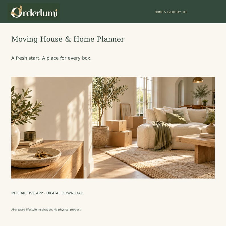 Op de afbeelding: Een digitaal productoverzicht getiteld Moving House & Home Planner van Orderlumi. De afbeelding toont een lichte woonkamer met een beige bank, een houten salontafel, verhuisdozen en een stenen schaal met sleutels op een houten tafel.