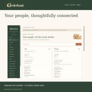 May include: A digital interface for the Orderlumi app displaying a party planning dashboard. The screen features a dark green sidebar menu, a white main content area with attendee profiles for Alex and Morgan, and floral graphics.