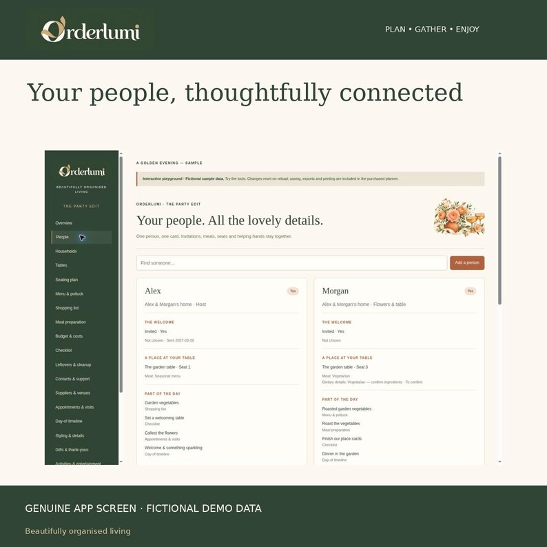 May include: A digital interface for the Orderlumi app displaying a party planning dashboard. The screen features a dark green sidebar menu, a white main content area with attendee profiles for Alex and Morgan, and floral graphics.