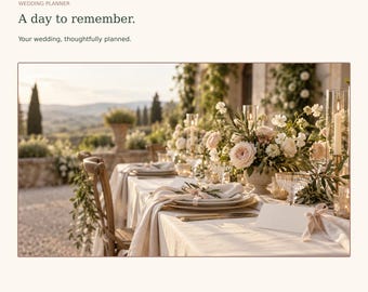 May include: A digital wedding planner document titled Orderlumi with the text A day to remember. Your wedding, thoughtfully planned. Below, a photograph shows an outdoor dining table set with white linens, floral centerpieces, and candles.