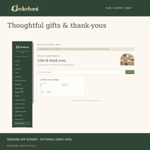 May include: A digital interface for the Orderlumi app showing a Gifts and thank-yous screen. The layout features a dark green sidebar with navigation links and a main content area displaying a list of gifts including a knitted cream cardigan.