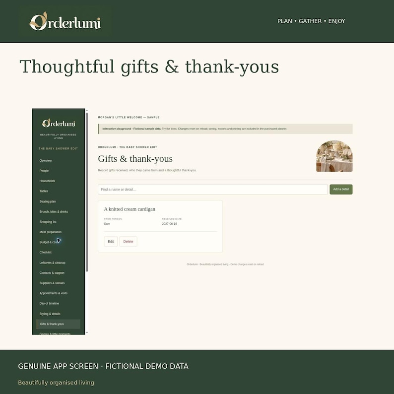 May include: A digital interface for the Orderlumi app showing a Gifts and thank-yous screen. The layout features a dark green sidebar with navigation links and a main content area displaying a list of gifts including a knitted cream cardigan.