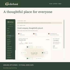 May include: A digital interface for the Orderlumi app displaying a seating plan dashboard. The screen features a dark green sidebar menu, a light cream background, and text including A thoughtful place for everyone and Good company, thoughtfully placed.