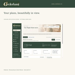Op de afbeelding: Een digitale interface voor de Orderlumi-app voor woningplanning, met een dashboard getiteld Our Maple Street move. Het scherm bevat een donkergroene zijbalk met navigatiepictogrammen, een aftelling van 21 dagen en taakoverzichten.
