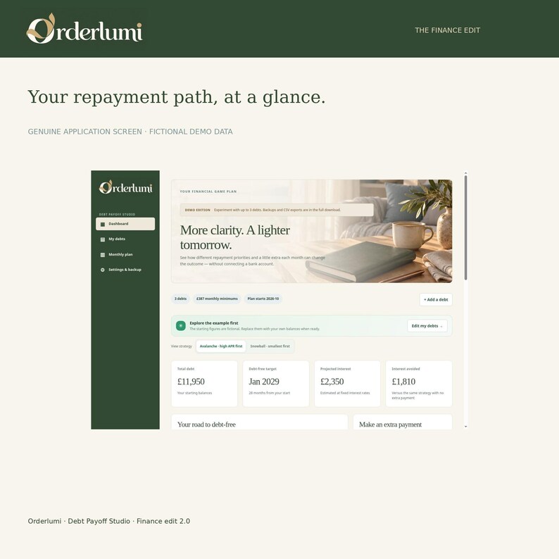 May include: A digital interface for Orderlumi Debt Payoff Studio displaying a financial dashboard with the text Your repayment path, at a glance. The screen shows debt totals, interest projections, and repayment strategies in a clean layout.